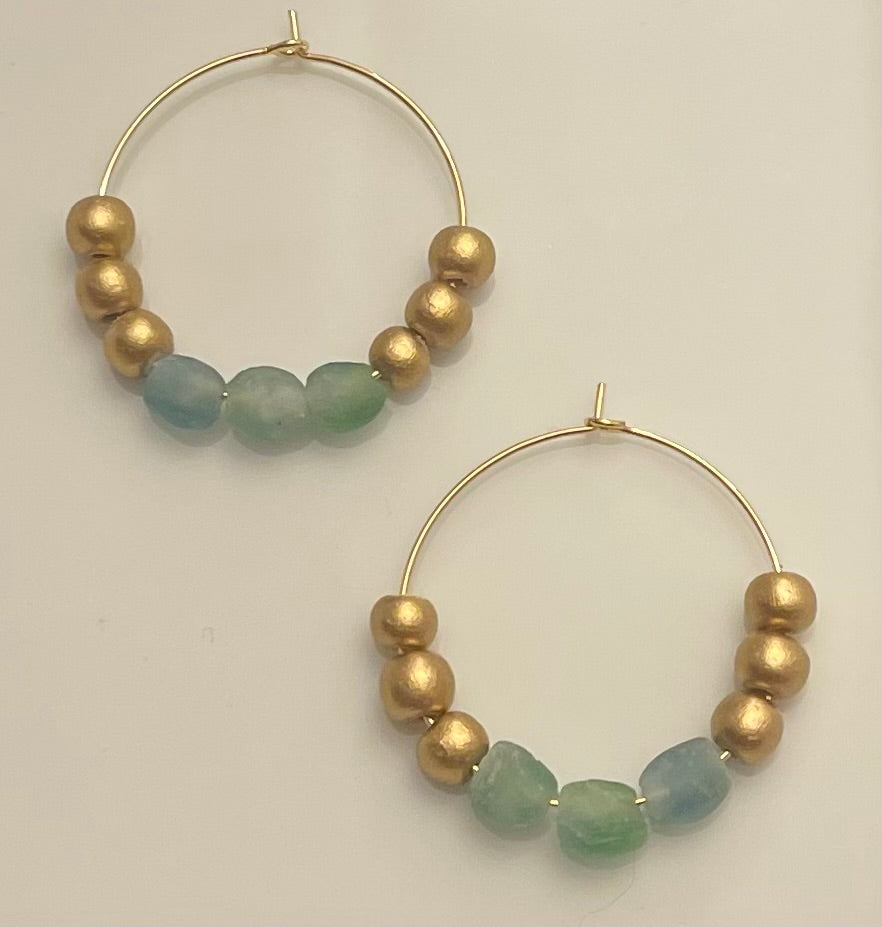 ‘Global’ Javanese Glass and Waxed Wood Gold-Filled Hoop Earrings