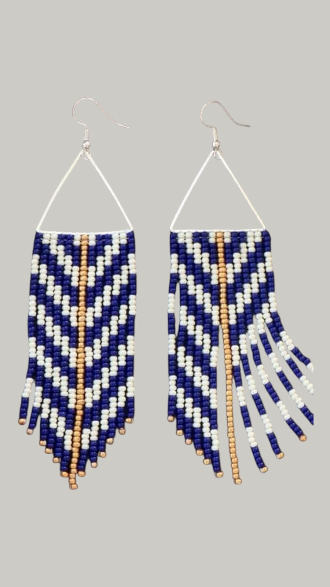Navy Blue and White Striped Triangle Fringe Earrings