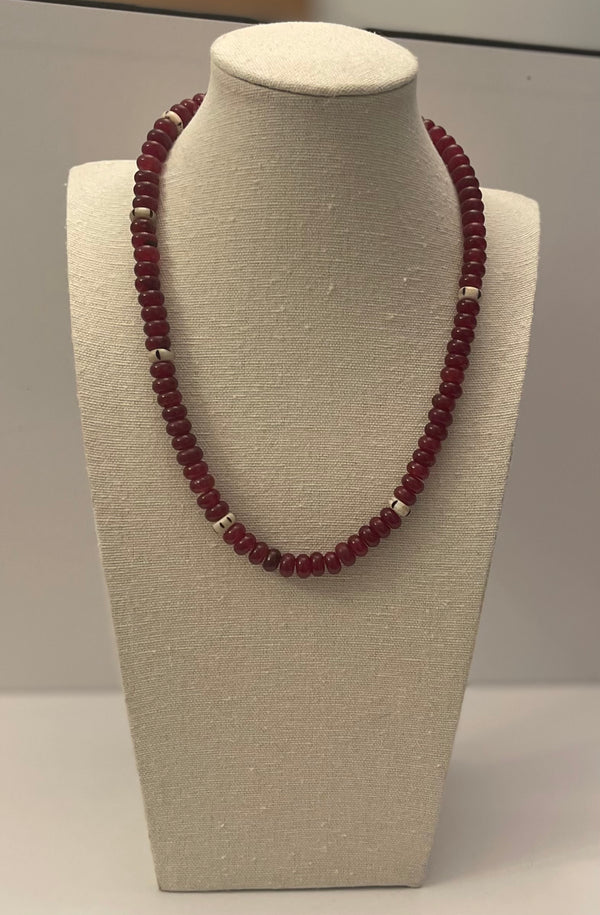 Red Jade and Striped Bone Bead Necklace