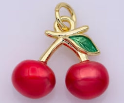 Gold-Filled and Shiny Enamel Cherry Charm