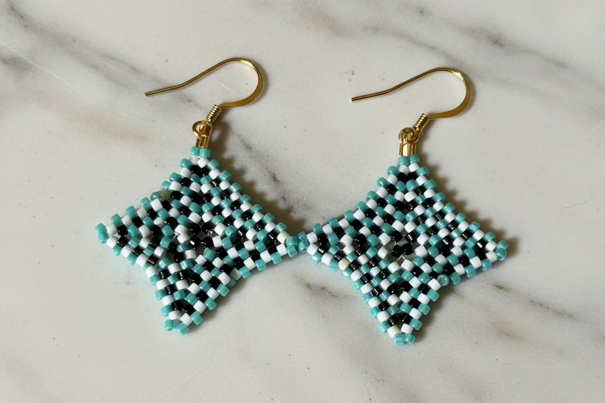 ‘Granny’s Diamond’ Earrings in Turquoise, Black, and Cream